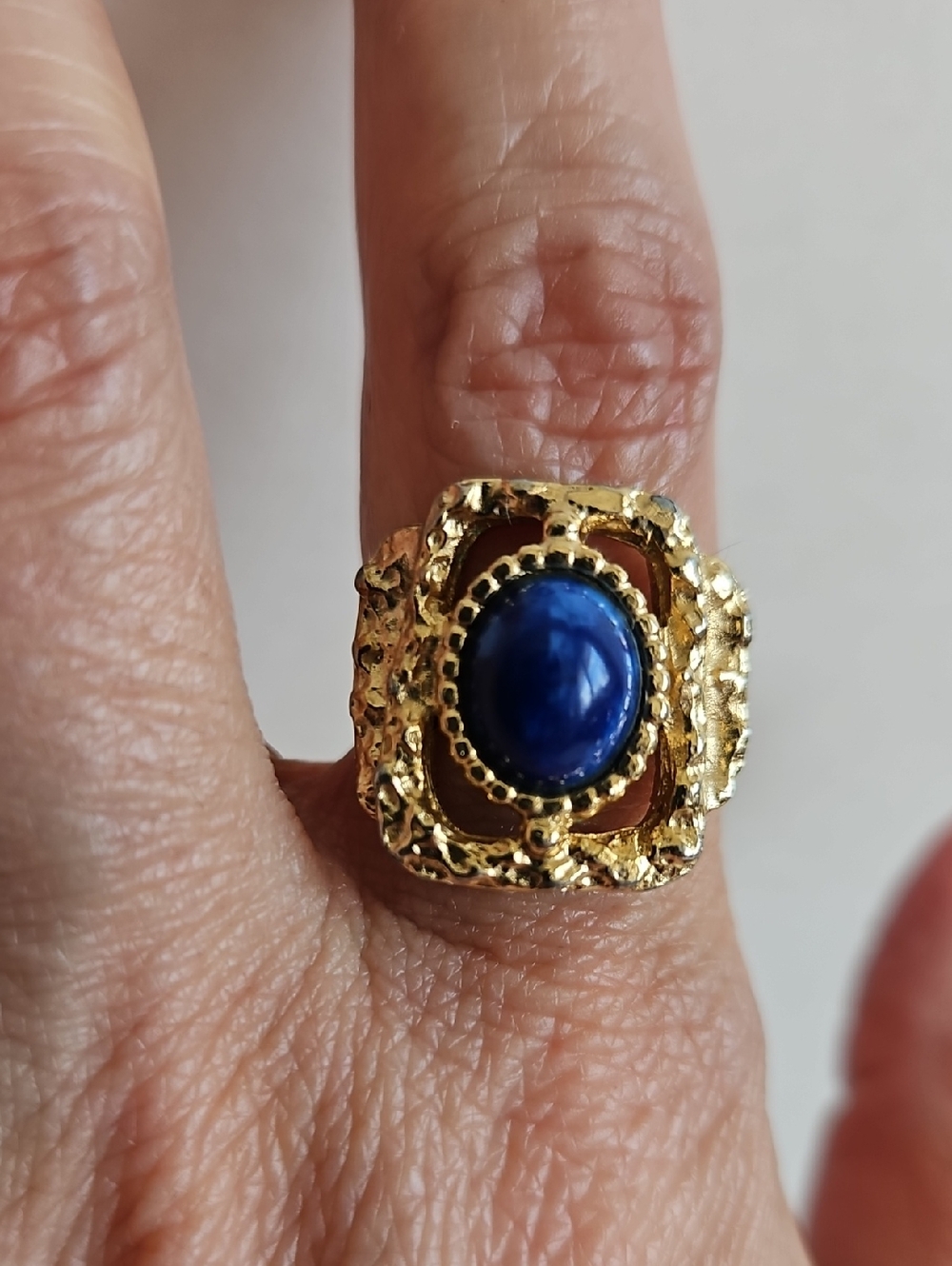 Vintage 1970s Sarah Coventry Ring Blue Stone Brutalist Adjustable